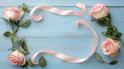 Wall Mural - Delicate Pink Roses with Ribbon on a Soft Blue Wooden Background for Elegant Floral Designs