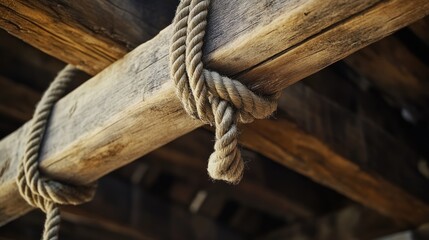 Wall Mural - Rope tied securely to a rustic wooden beam showcasing a strong knot and natural textures in a rustic setting