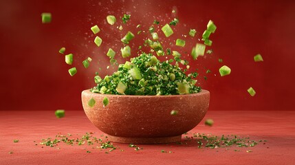 Wall Mural - Fresh Greens Explosion in Bowl with Dynamic Motion on Vibrant Background