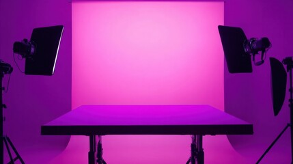 Wall Mural - a photo studio with a pink light and lighting equipment