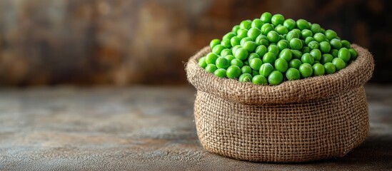 Wall Mural - Fresh green peas in a burlap sack on rustic wooden table with ample space for text or branding in a light and appealing setting