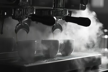 Close-up of an espresso machine making coffee, with steam rising from the cups and focus on its sleek design.