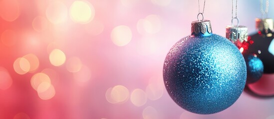 Wall Mural - glistening christmas ornaments with a blurred festive background and empty space for your holiday te