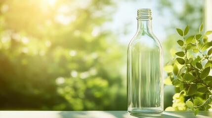 Wall Mural - elegant glass bottle on sunlit windowsill surrounded by blurred greenery creating an inviting atmosp
