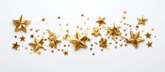 Wall Mural - glittering gold stars scattered on a white background with ample empty space for creative text or fe