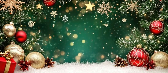 Wall Mural - sparkling christmas scene with ornaments snowflakes and copy space for holiday greetings or text