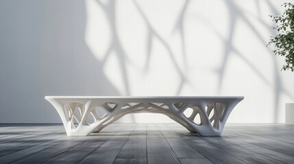 Wall Mural - a white bench sitting on top of a wooden floor