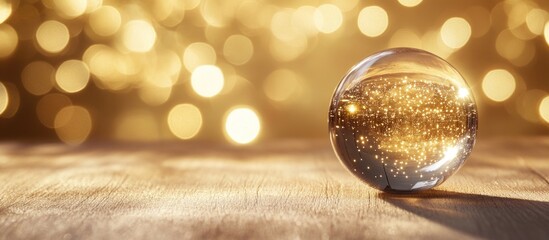 Wall Mural - glass sphere on wooden table with golden bokeh background and space for text emphasizing elegance an