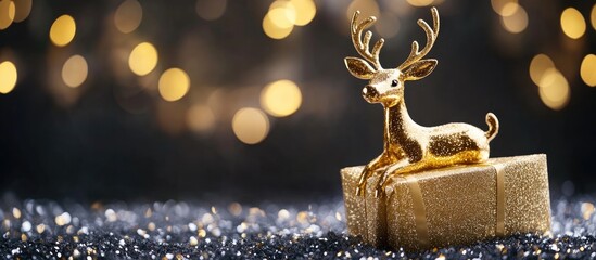 Wall Mural - elegant gold reindeer ornament on gift box with bokeh lights background and space for holiday text