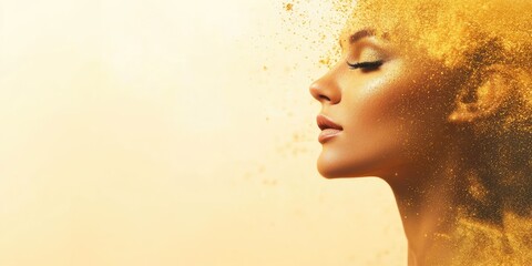 Wall Mural - shimmering gold powder splash creating a luxurious backdrop for festive makeup with ample copy space