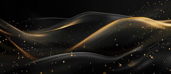 Wall Mural - gold dust particles gracefully flowing over a sleek black background creating an elegant template fo