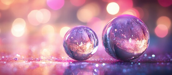 Wall Mural - crystal gift orbs on a vibrant bokeh background with shimmering lights and empty space for festive t