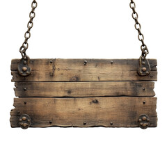 Poster - A weathered wooden sign hangs from heavy chains, offering a blank space for text or imagery.