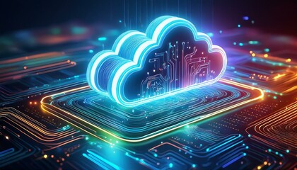 Wall Mural - a vibrant digital cloud symbol glowing on a circuit board representing advanced technology and cloud