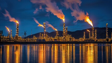 Industrial landscape at dusk with flares and reflections on water, showcasing energy production