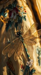 Wall Mural - a stunning dragonfly rests gracefully on a beautifully embroidered yellow fabric. its delicate wings