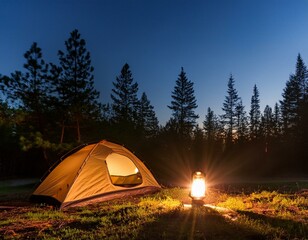 cozy camping scene with a glowing lantern and illuminated tent in a serene forest under twilight