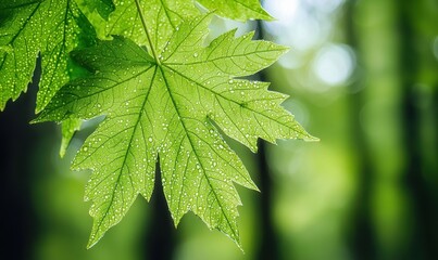 Poster - Close-up of Dewy Green Maple Leaves with Sunlight Filtering Through a Lush Green Forest Background