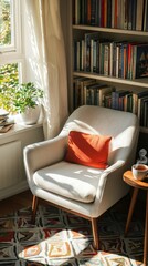 Wall Mural - Cozy Armchair Bathed in Sunlight Next to a Bookcase and Green Plant in a Warm Living Room Setting