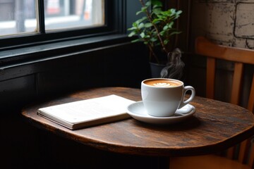 Wall Mural - Cozy cafe scene featuring a steaming cup of coffee on a wooden table with a notebook and a potted plant nearby