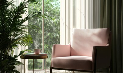 Wall Mural - Cozy corner with soft pink armchair and indoor plants illuminated by natural morning light through window