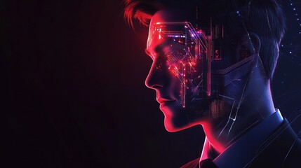 Man profile digital interface with red light on dark background for technology concepts