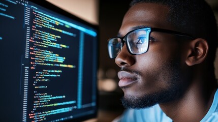 Focused programmer analyzing code on screen at night