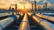 © Tina - Industrial pipeline system at sunset with glowing lights and clouds in the background