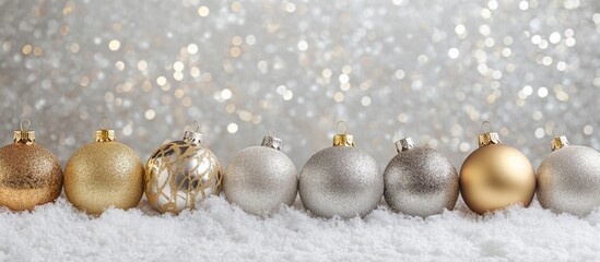 Canvas Print - Gold and silver Christmas ornaments arranged on a snowy background with empty space for holiday text or messages