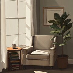 Wall Mural - Cozy reading nook with a comfortable armchair and indoor plant bathed in warm morning sunlight and natural ambiance