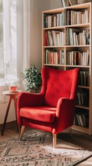 Wall Mural - Cozy Red Armchair Surrounded By Books and Greenery In A Warmly Lit Reading Space