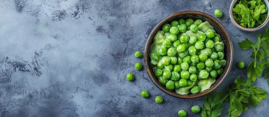 Wall Mural - Fresh Green Peas and Carrots in Vegan Dumplings Seasonal Cuisine with Space for Text in a Contemporary Kitchen Setting