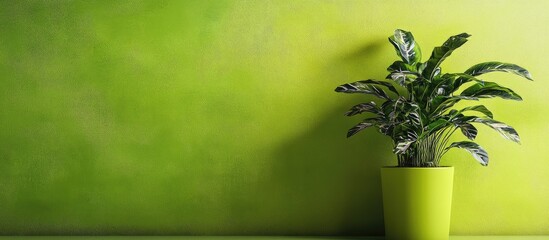 Poster - Green plant in pot against lime green wall with ample empty space for text and creative design elements in a modern indoor setting