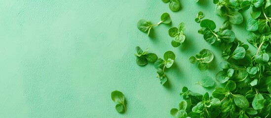 Canvas Print - Fresh Green Mint Leaves and Sprouts on Vibrant Green Background with Space for Text or Branding Elements