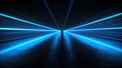 Wall Mural - Blue neon lines converge, futuristic tunnel, dark background, speed