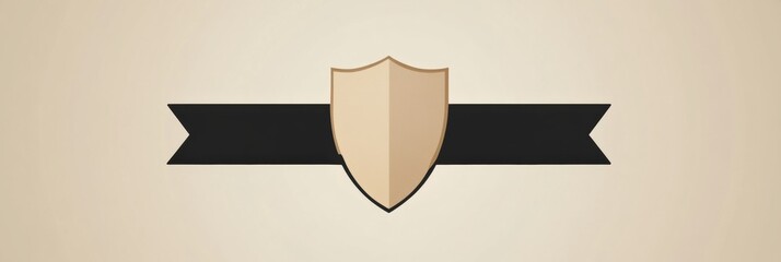 Poster - Minimalist shield graphic design with ribbon on a beige background for creative projects or branding needs. Generative AI