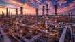 © Tina - Industrial landscape at sunset showcasing towering refinery structures and vibrant clouds