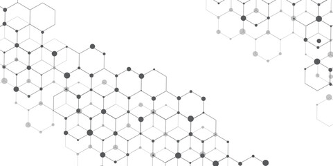 Leinwandbilder - Molecular structure abstract tech background. Geometric white background. Vector banner design with hexagons. Science network pattern, connecting lines and dots Medical background, Vector illustration