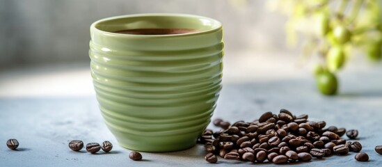 Sticker - Green ceramic cup filled with coffee surrounded by roasted coffee beans and natural elements on a soft light background with space for text.