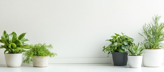 Poster - Green potted plants on a white desk by a window with ample empty space for text or promotional content in a modern setting