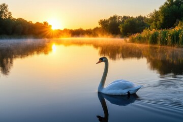 Wall Mural - Elegant swan gliding across tranquil lake at sunrise with golden reflections and morning mist in lush natural surroundings