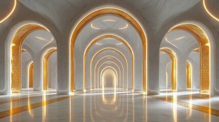 Sticker - Golden arches hall, glowing floor, luxury interior,  Islamic design, 3D render