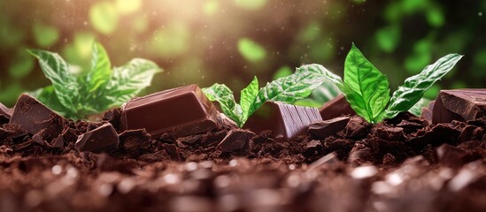 Canvas Print - Chocolate Soil Nurturing Green Plants in Forest Setting with Space for Text Overlay