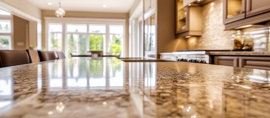 Canvas Print - Granite Kitchen Countertop Bathed in Sunset Lighting with Spacious Empty Area Ideal for Text Overlay