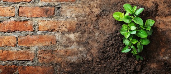 Sticker - Thriving green plant growing in soil against rustic brick wall with ample space for text and design elements