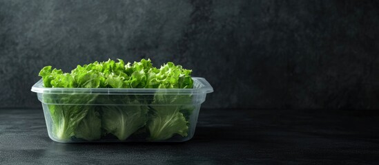 Sticker - Fresh Green Lettuce in Clear Plastic Container on Dark Surface with Room for Text or Branding in Food and Nutrition Context