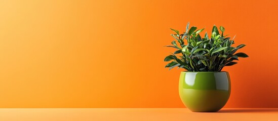 Sticker - Green Plant in Modern Pot Against Bright Orange Backdrop with Empty Space for Text or Branding