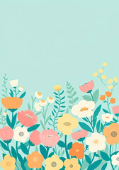 Wall Mural - Colorful Floral Illustration with Pastel Flowers and Green Foliage on Light Blue Background