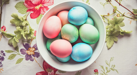 Wall Mural - Vibrant Easter Eggs in a White Bowl on a Floral Tablecloth. Easter concept