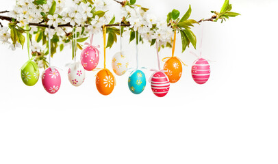 Wall Mural - Colorful Easter Egg Ornaments on Blooming Cherry Blossom Branch. Easter concept